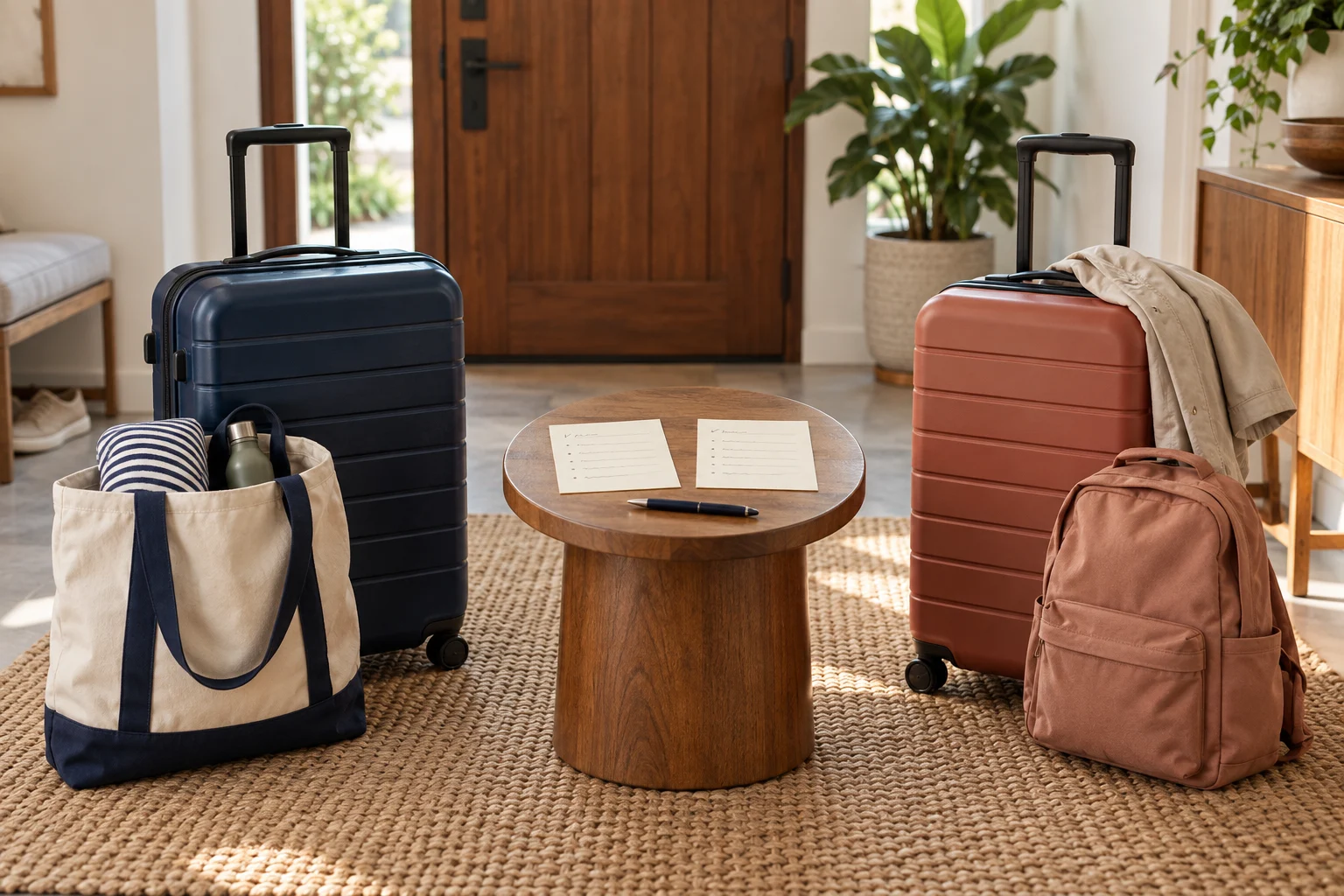 AI editorial illustration of two household luggage groups beside two destination planning cards; not a real booking / AI 示意:两组家庭行李与两个目的地计划卡,非真实预订